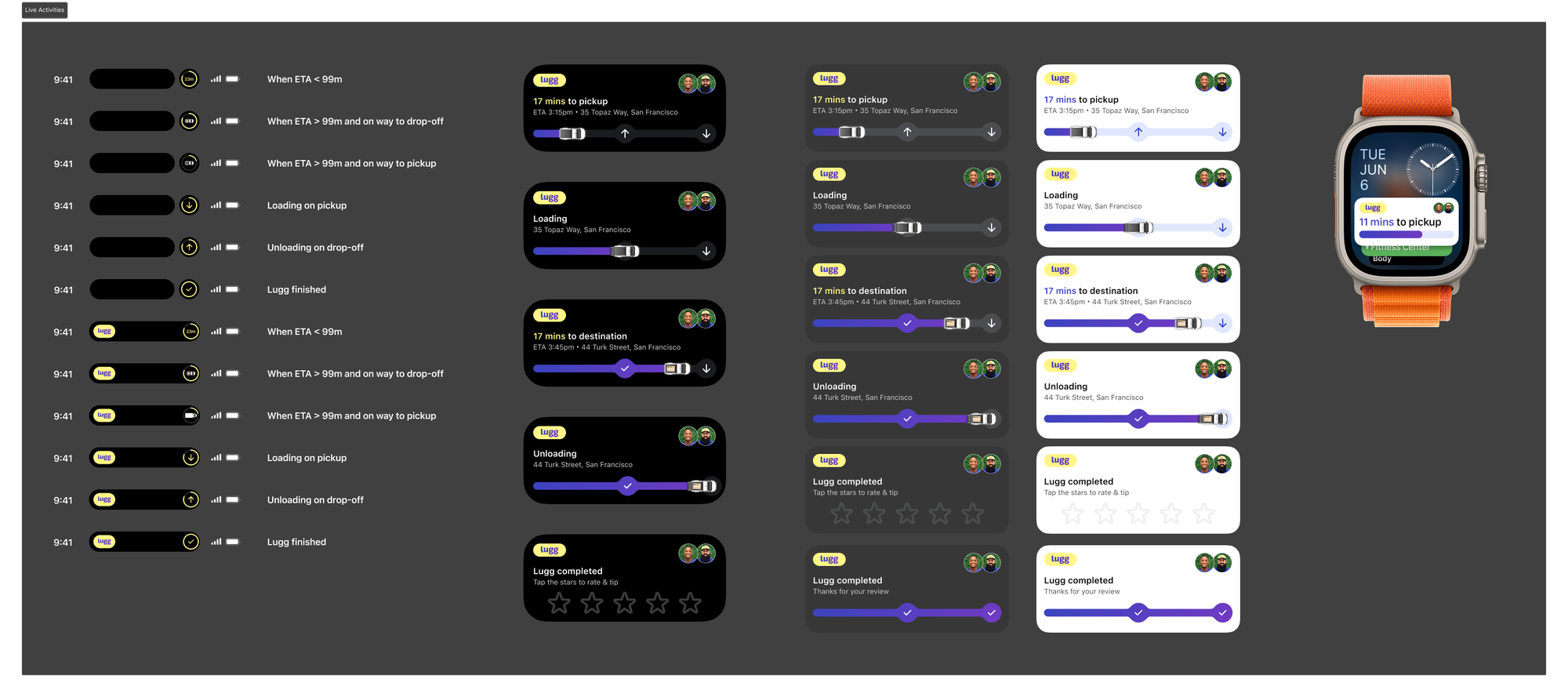 Dynamic Island, Live Activities, and Apple Watch views from Lugg's Design Team. 
