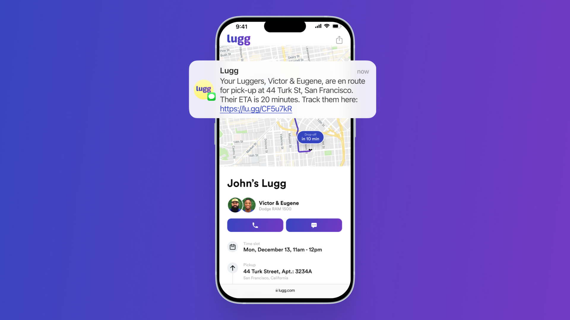 SMS text message notification and live tracking screen on lugg.com