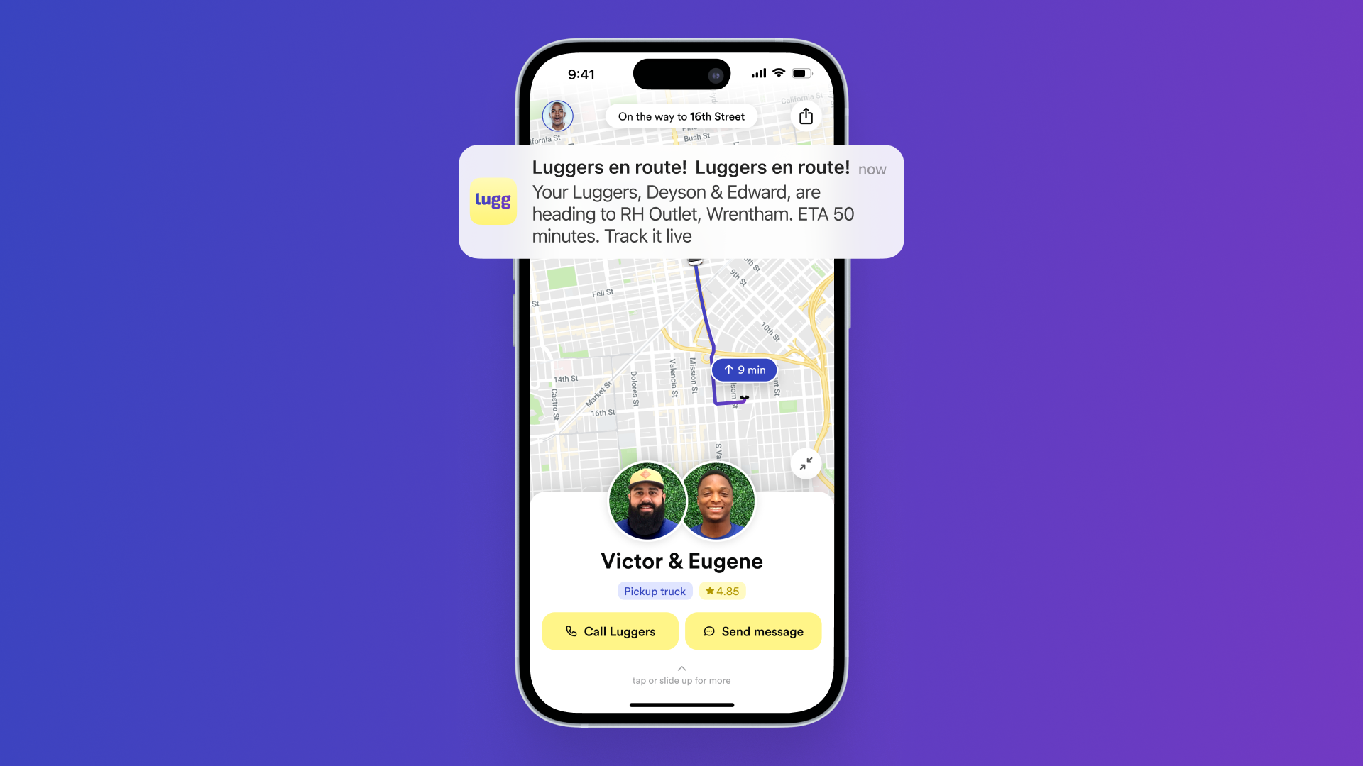 Push notification and live tracking screen in the Lugg app