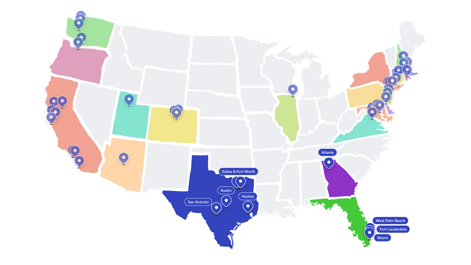 Map of U.S. cities where Lugg offers moving and delivery services, highlighting locations like Dallas, Houston, Austin, Atlanta, Miami, Fort Lauderdale, and West Palm Beach.