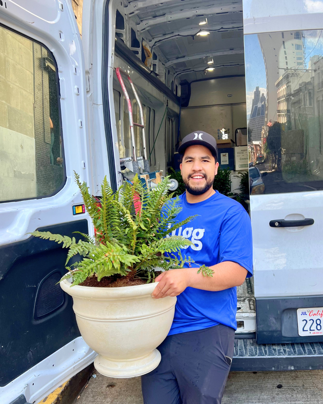 Lugg team member carrying a large ceramic planter with green ferns outside a delivery van.