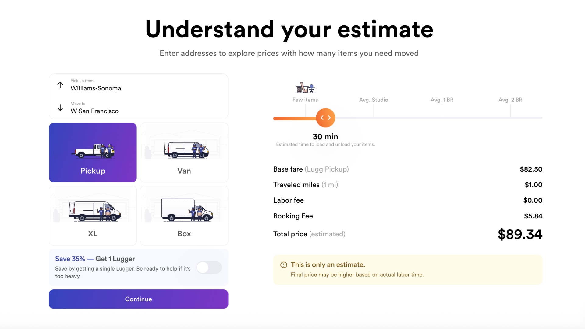 Screenshot of Lugg’s estimator tool displaying a $89.34 estimate for a store delivery using a pickup truck, showing base fare, distance, booking fee, and estimated time.