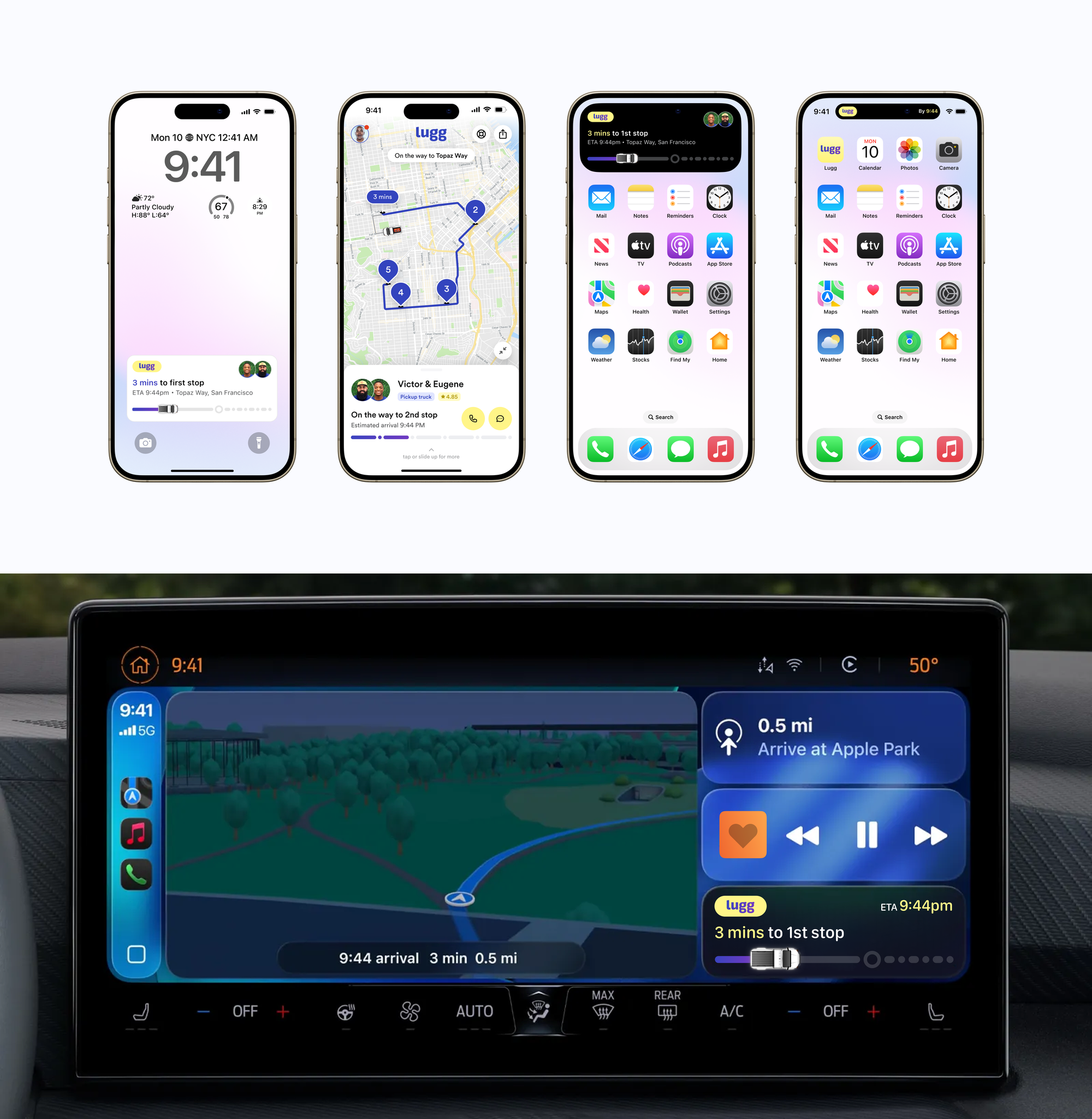Apple device screens showing Lugg Multiple Stops updates on the iPhone Lock Screen, in-app tracking, Dynamic Island, widgets, and CarPlay navigation.