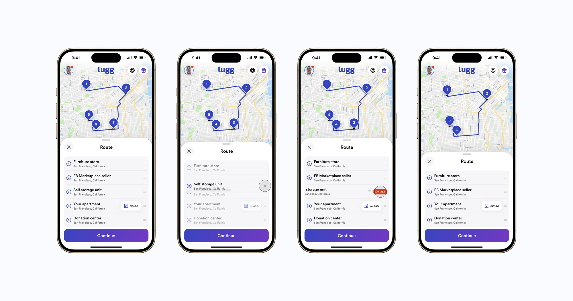 Four iPhone screens showing the editing experience for multi-stop routes, including reordering locations, swiping to delete, and dynamically updated map routes.