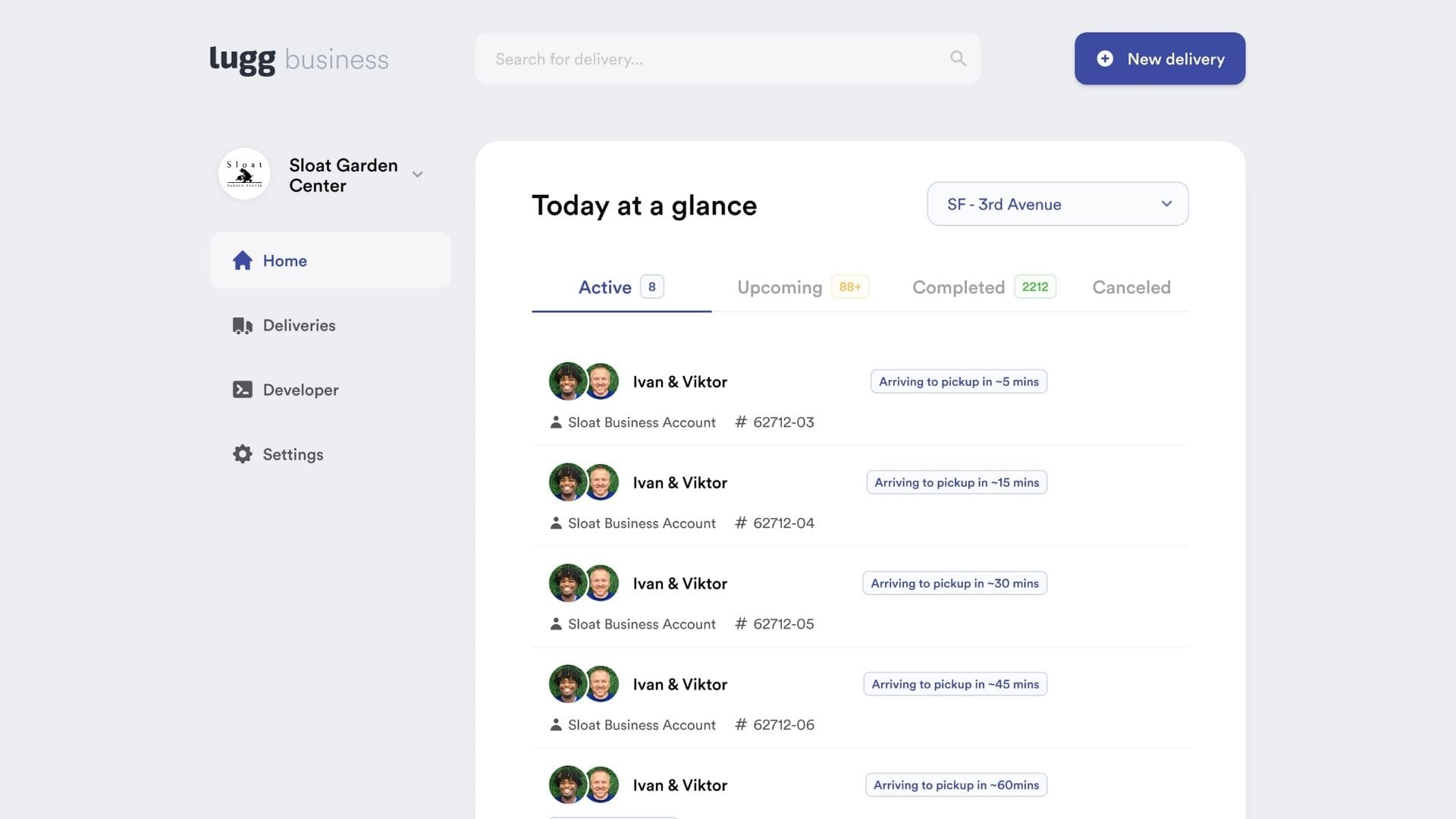 Mockup of the Lugg Business Portal showing Sloat Garden Center’s active delivery dashboard with drivers and real-time pickup ETAs.