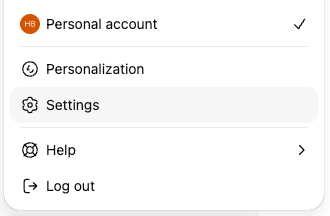 ChatGPT profile menu dropdown showing five options: Workspace settings, Personalization, Settings, Help, and Log out
