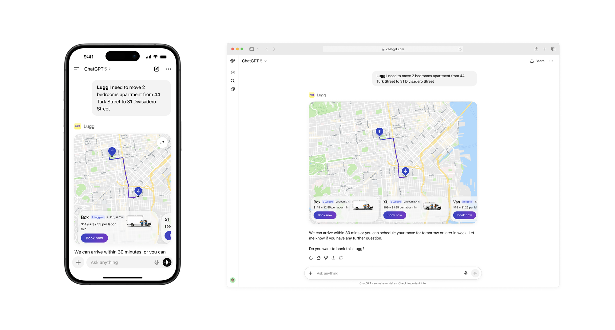Lugg ChatGPT app showing a 2-bedroom apartment move on both mobile and desktop, with map route and Box truck pricing starting at $149