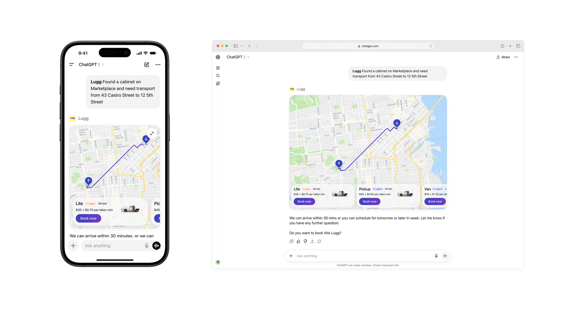 Lugg ChatGPT app showing a Marketplace cabinet pickup on mobile and desktop, with Lite truck at $35 and Pickup at $45.