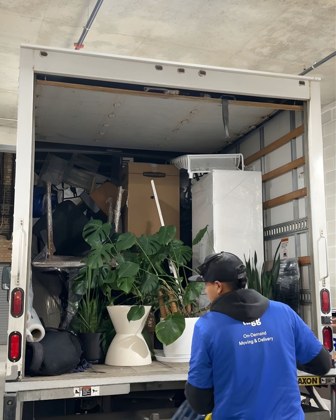 Lugg mover in a blue shirt reviewing a fully loaded moving truck packed with furniture, boxes, and large houseplants
