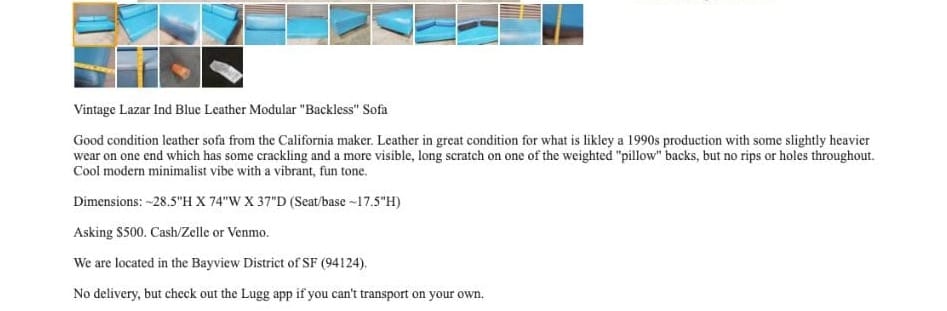 Craigslist furniture listing where the seller recommends using the Lugg app for delivery