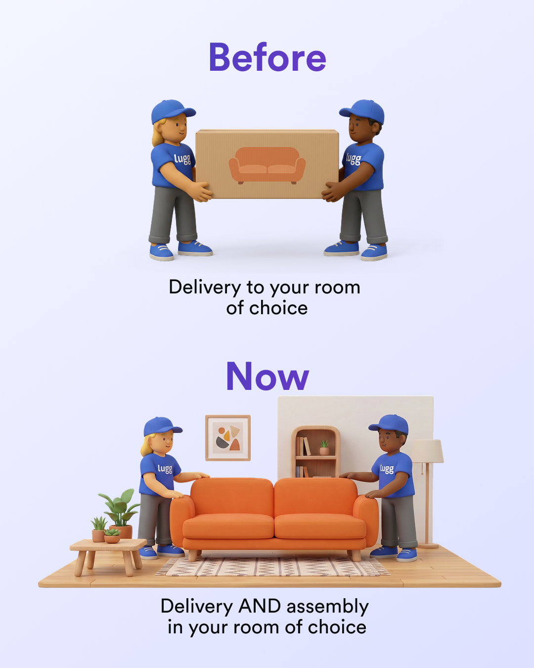 Before and now: Lugg movers carrying a boxed sofa, then standing beside the same sofa assembled in a furnished living room