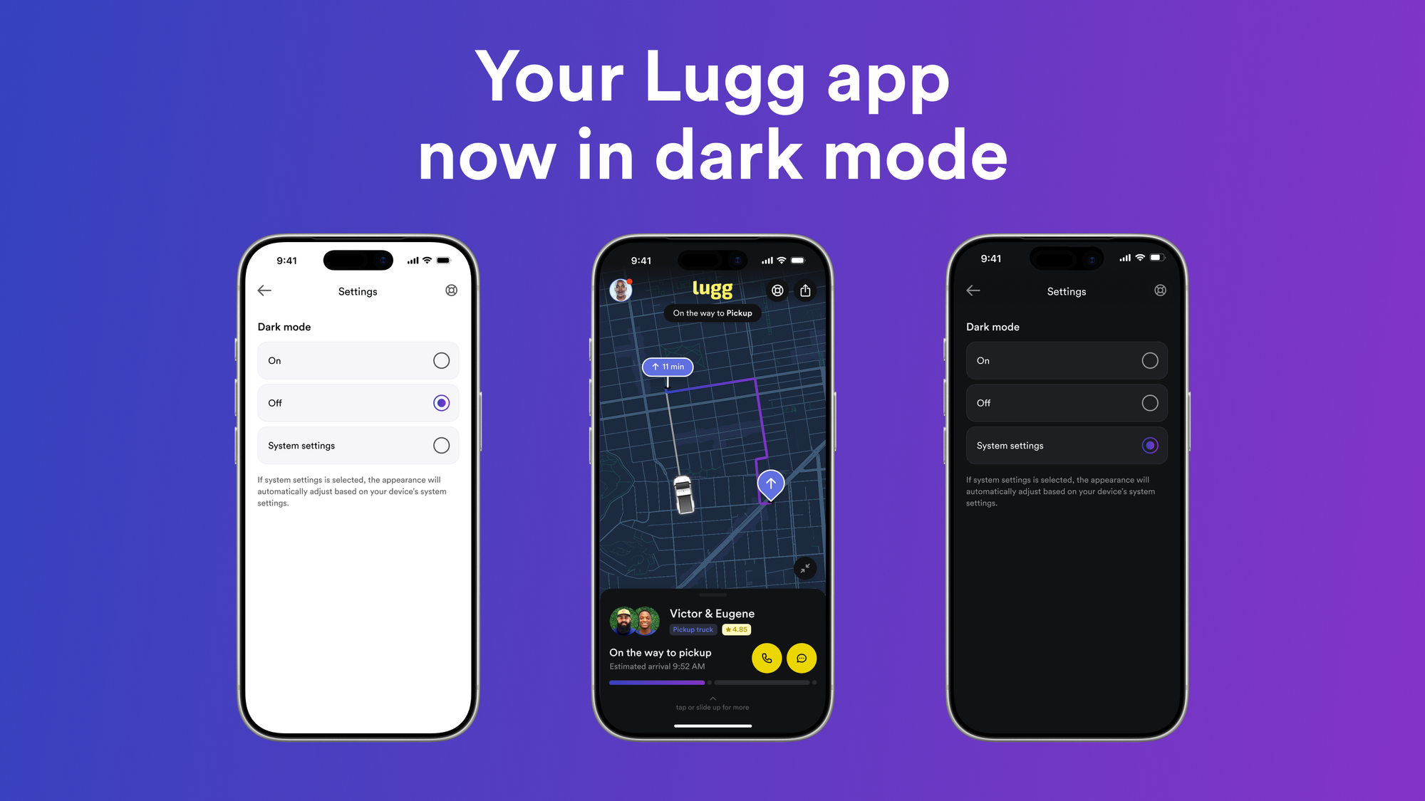 Three iPhones showing the Lugg app's dark mode options: light Settings, a dark live-tracking map, and dark Settings (On, Off, System).