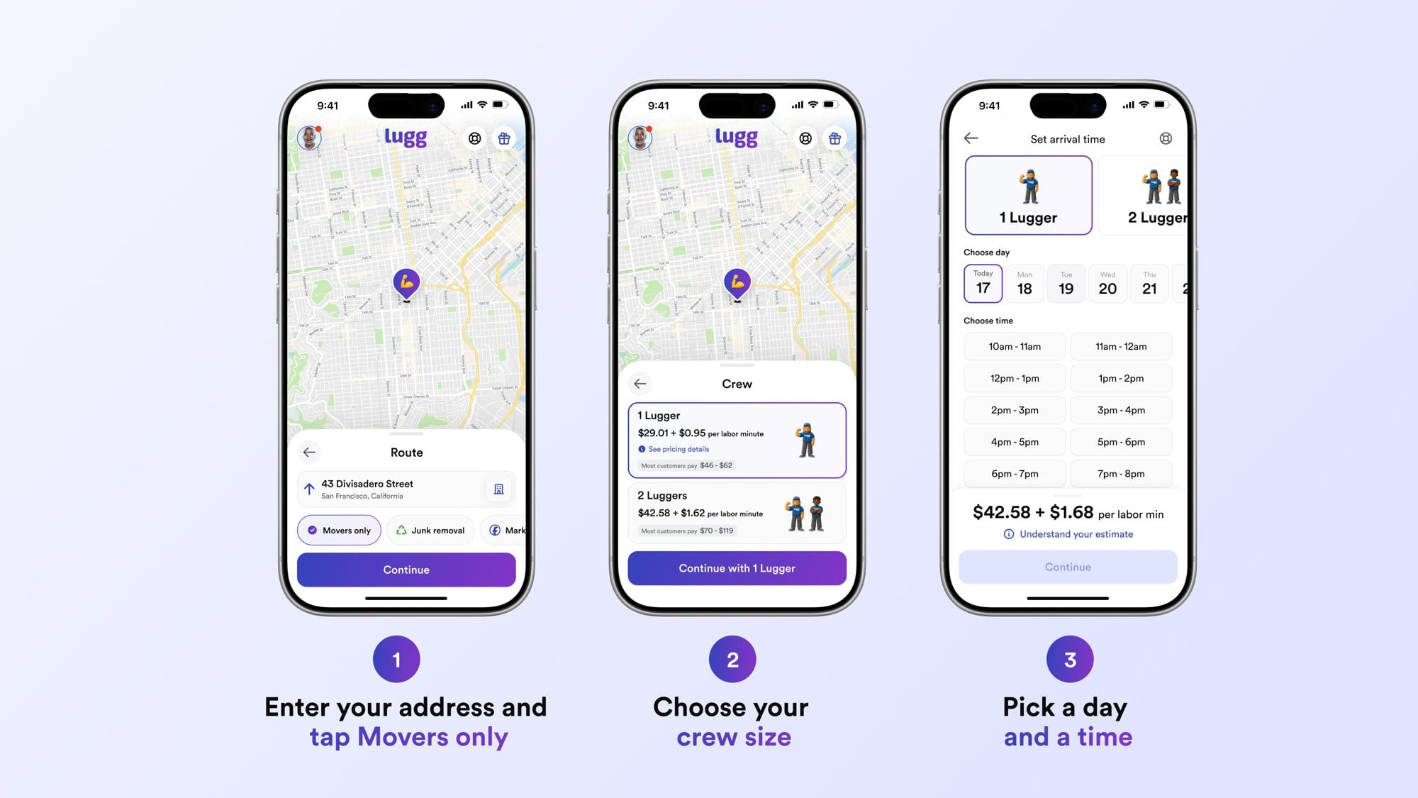 Three Lugg app screens: tap Movers only on the Route screen, choose 1 or 2 Luggers on the Crew screen, then pick a day and arrival time.