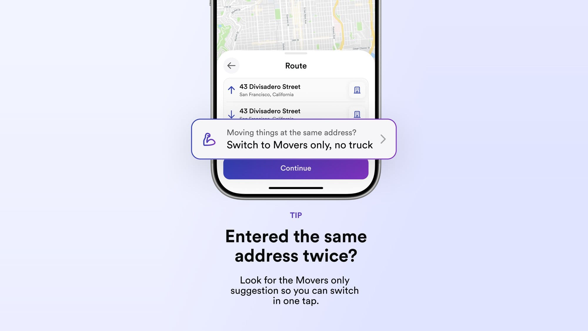 Lugg app Route screen suggesting a switch to Movers only when the same address is entered twice.