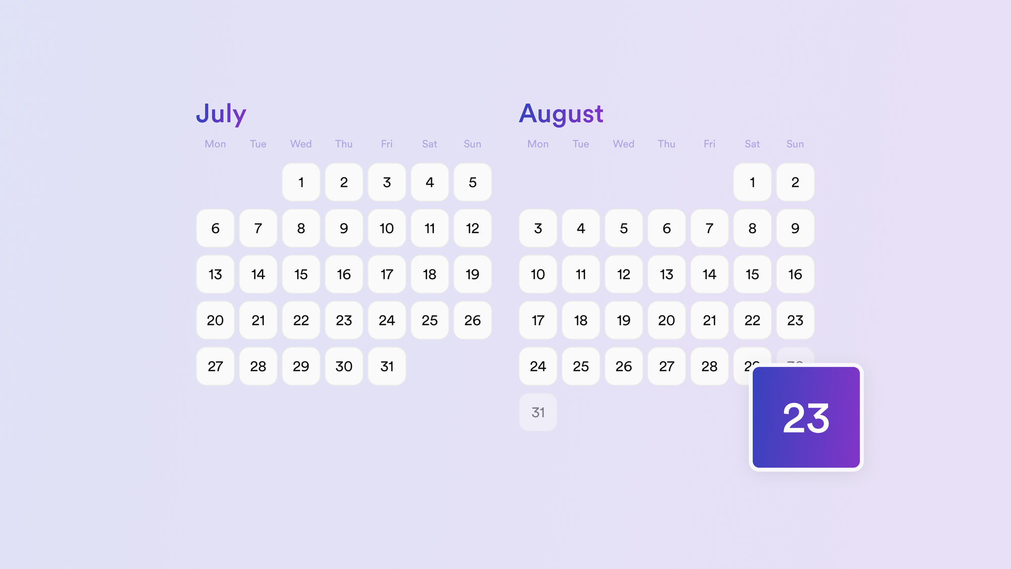 A two-month calendar — July and August — with the date August 23 lifting out of the grid, illustrating Lugg's new 60-day advance booking window.