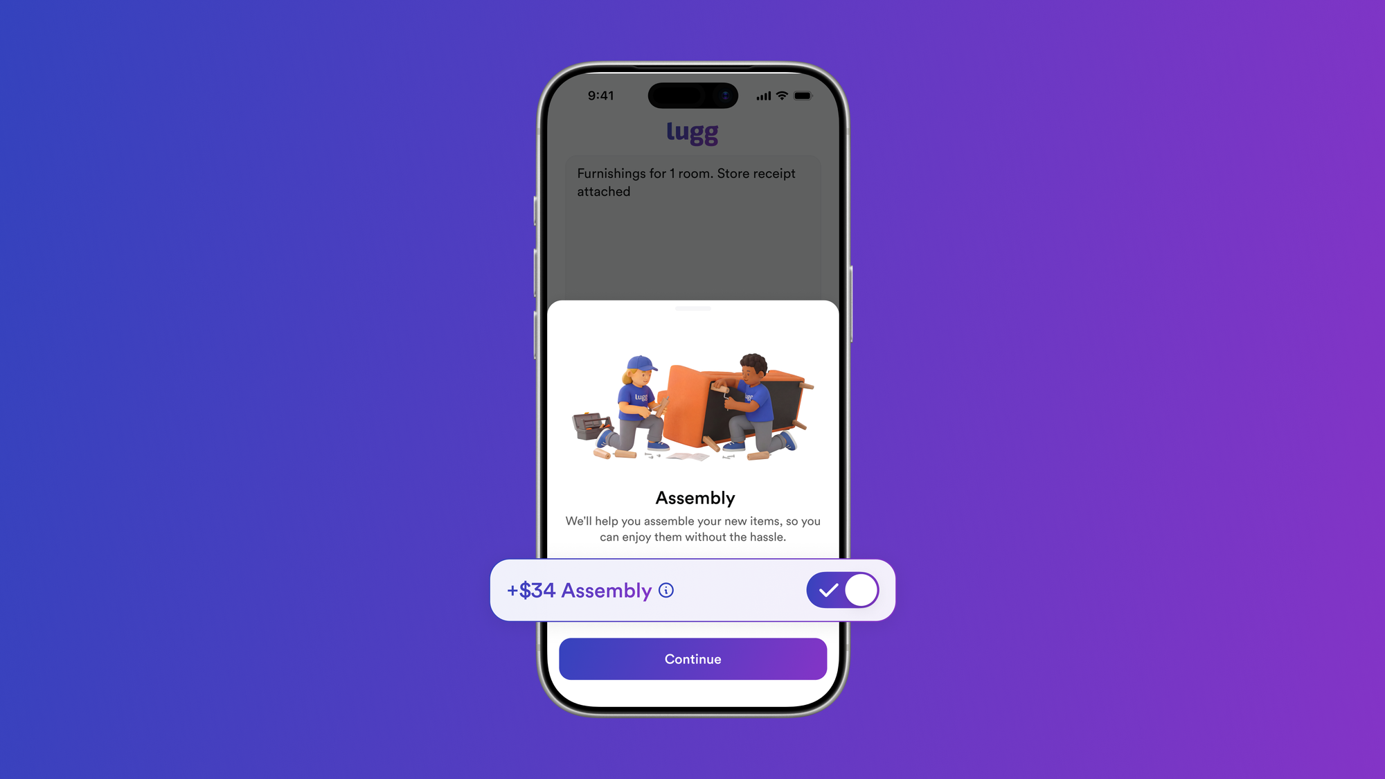 The Lugg app showing the furniture assembly add-on toggled on for a store delivery, with two Lugg movers building a new sofa 