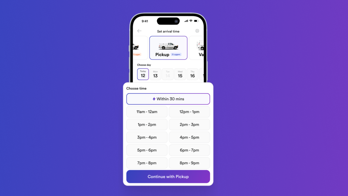 The Lugg app displaying how to book movers within 30 minutes. 