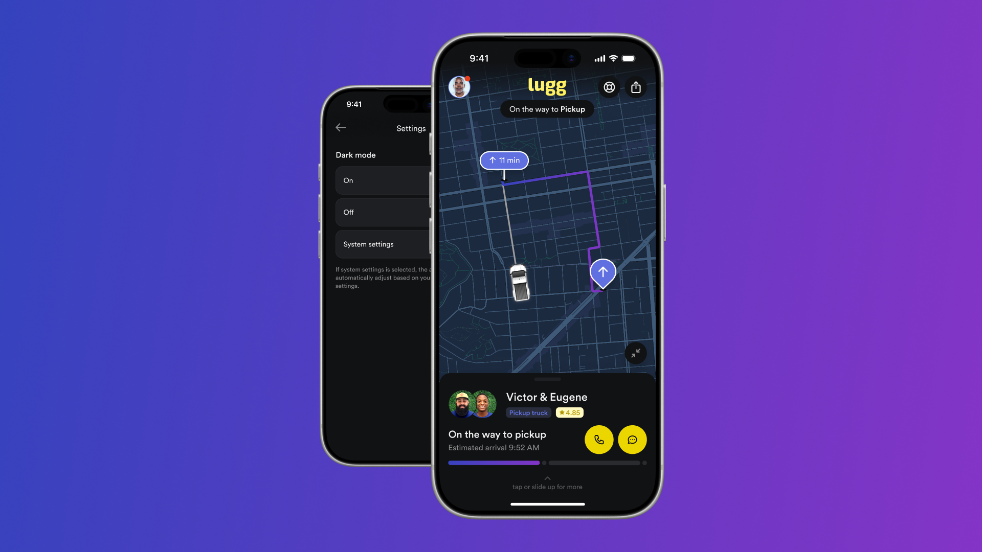 Two iPhones showing the Lugg app in dark mode: a dark live-tracking map with movers en route to pickup and the Dark mode settings screen.