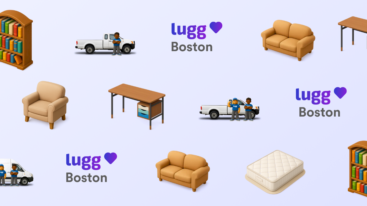 Lugg Boston hero with couches, an armchair, desk, bookshelves, and a mattress, plus Lugg movers with a pickup and van — buying furniture in Boston.