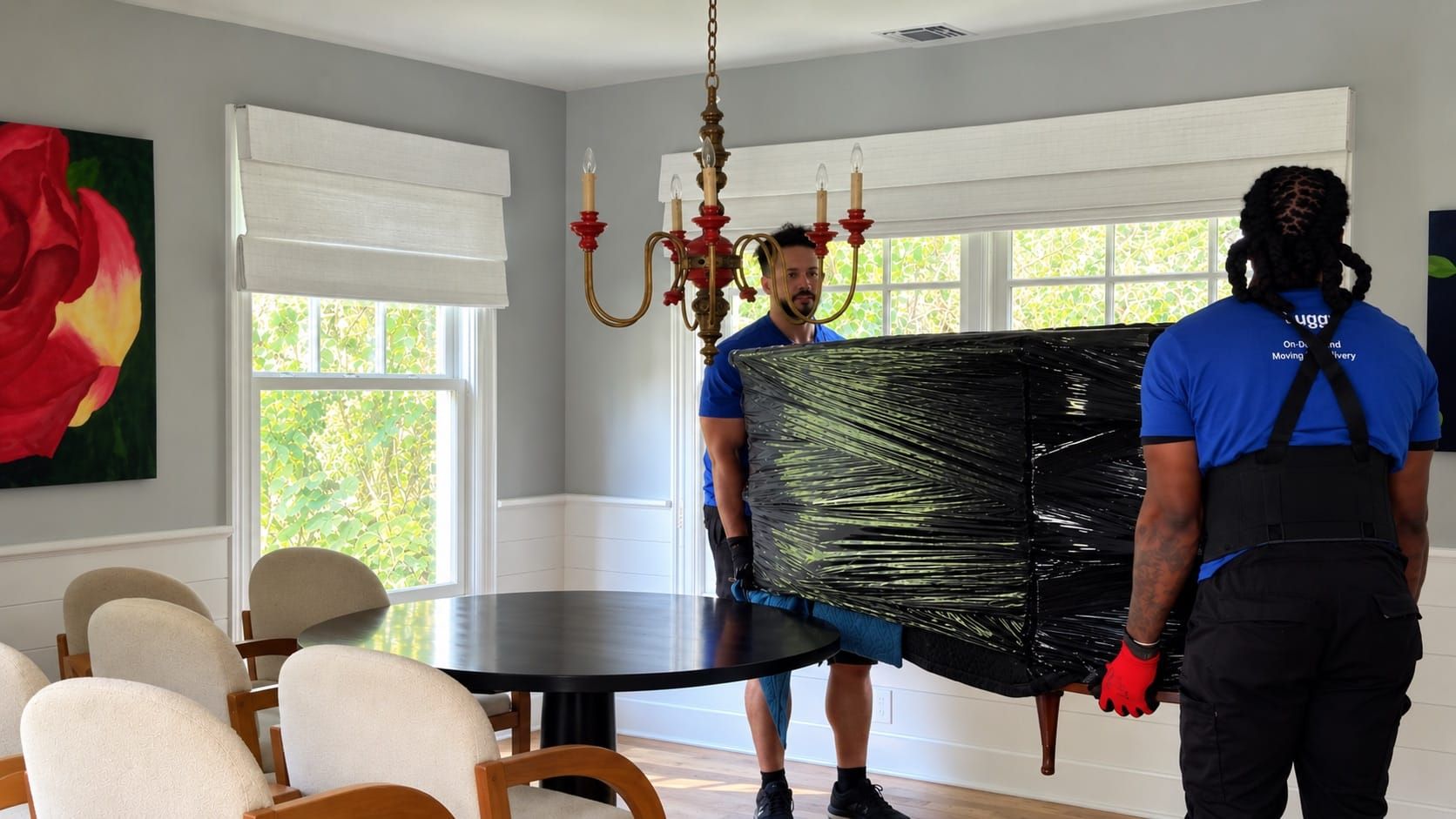 Two Lugg movers carrying a shrink-wrapped console table through a furnished dining room