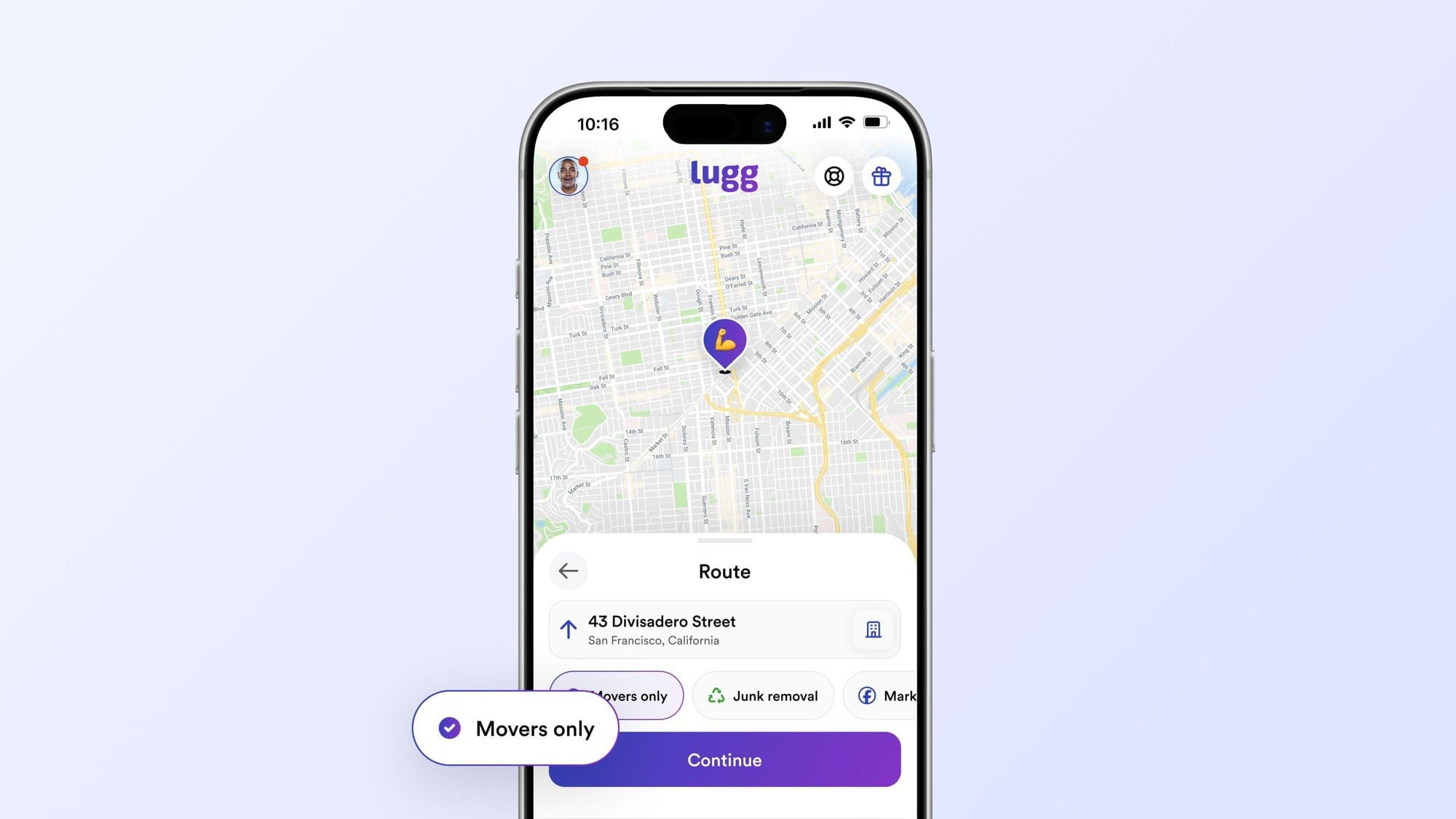 Lugg app Route screen with the Movers only option selected for a single address.