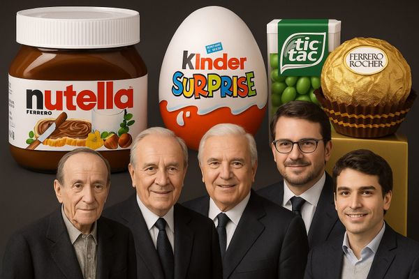 A imagem mostra uma montagem de membros da familia Ferrero com os principais produtos criados pela família: Nutella, Kinder O