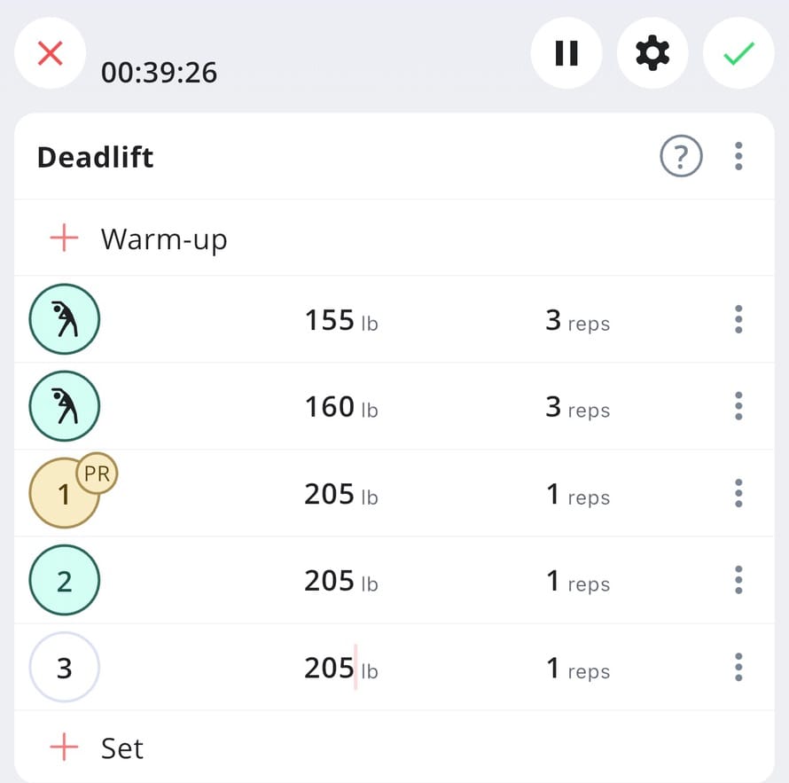 Screenshot of my deadlift set that goes from 155, to 160, to 205 lbs. 