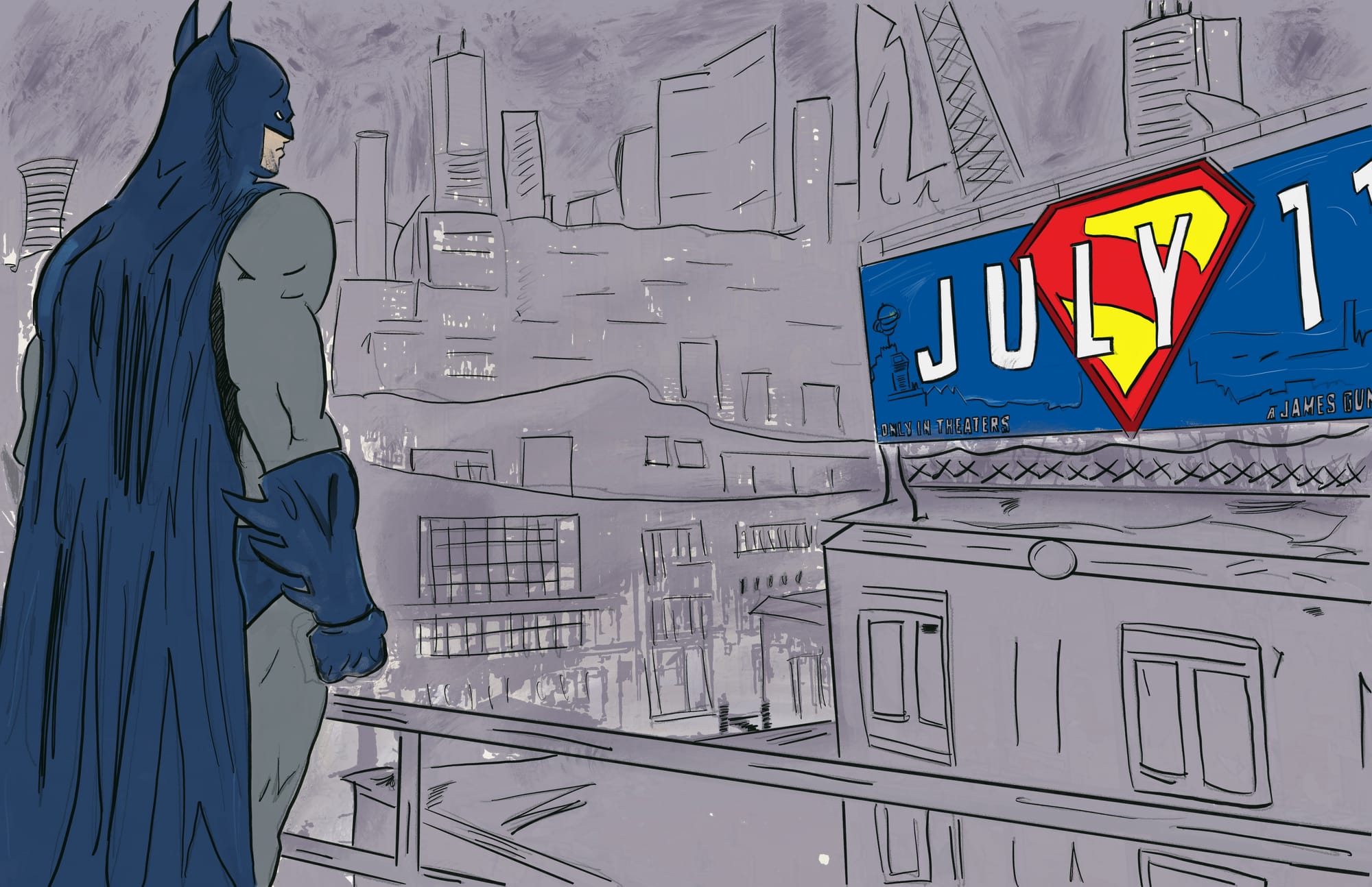 Superman glares at a Superman movie billboard in Gotham