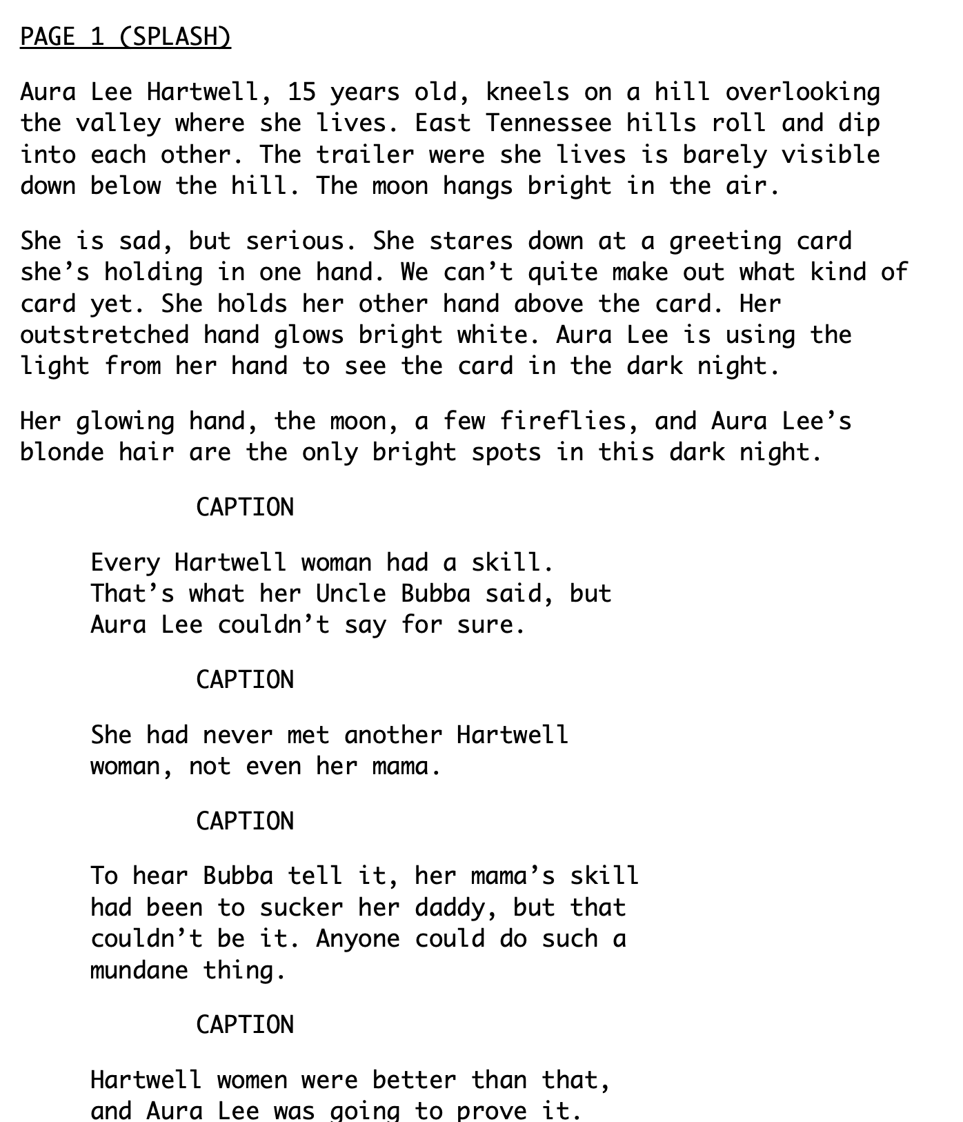 The opening splash page from the script