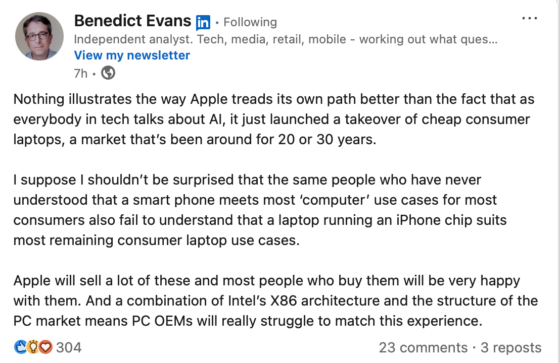 LinkedIn post from Benedict Evans where he notes "Apple treads its own path"