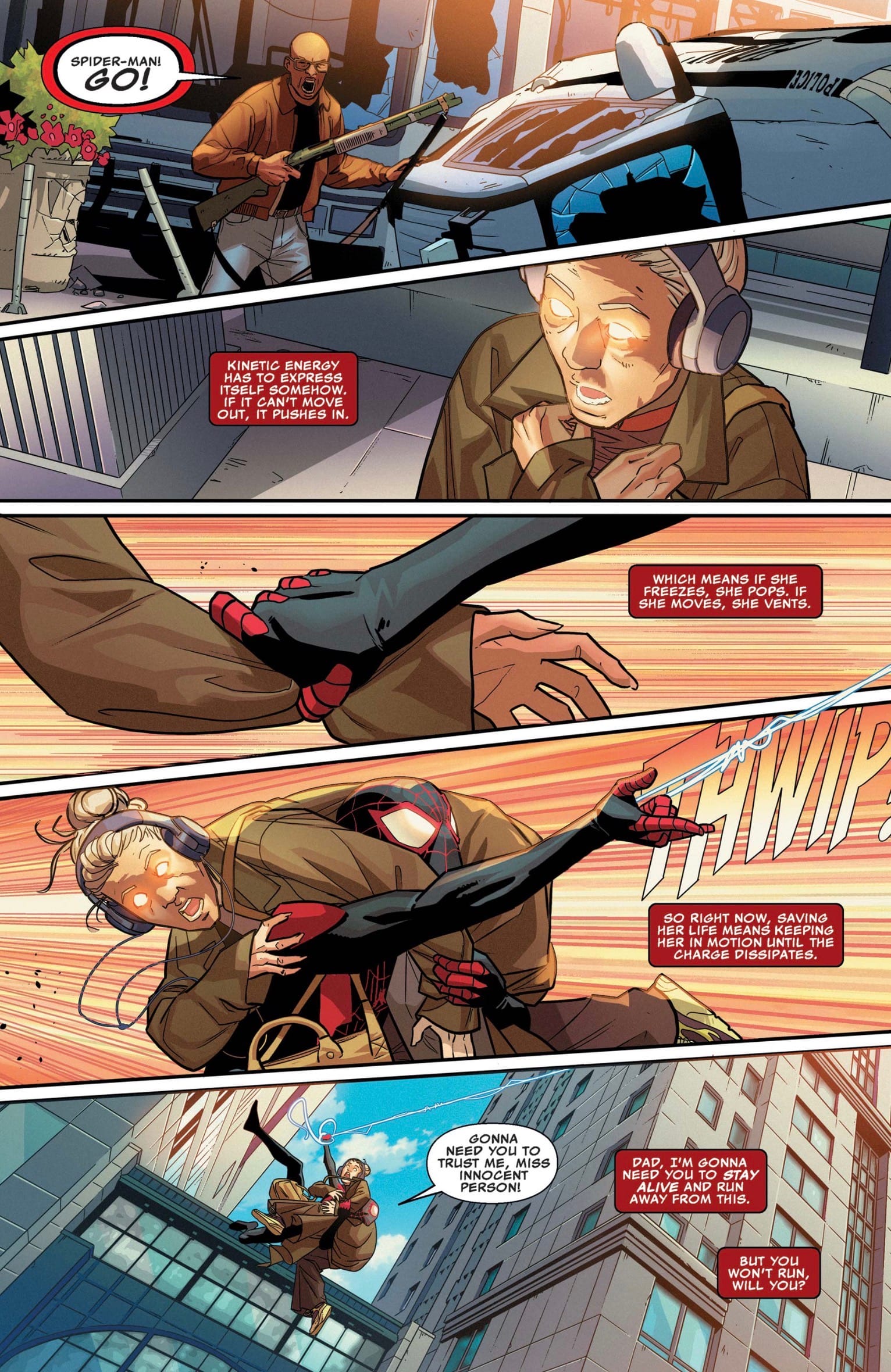 Spider-Man swings through the city trying to save an innocent bystander
