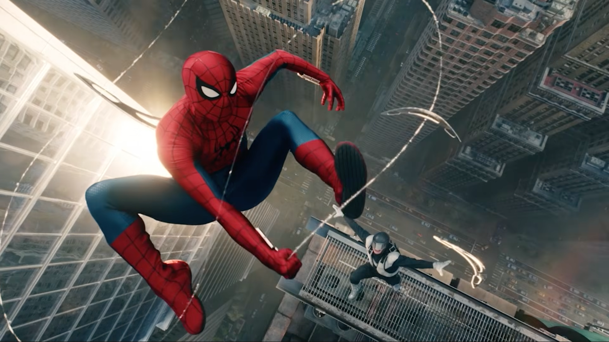 Spider-Man swings in the sky above while being chased by villain Boomerang