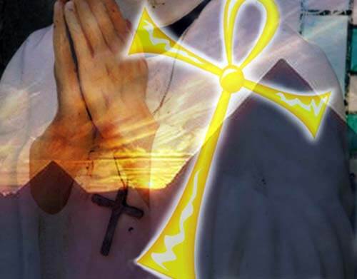 Photo image montage of religious symbols. Egyptian ankh is similar to Christian cross.