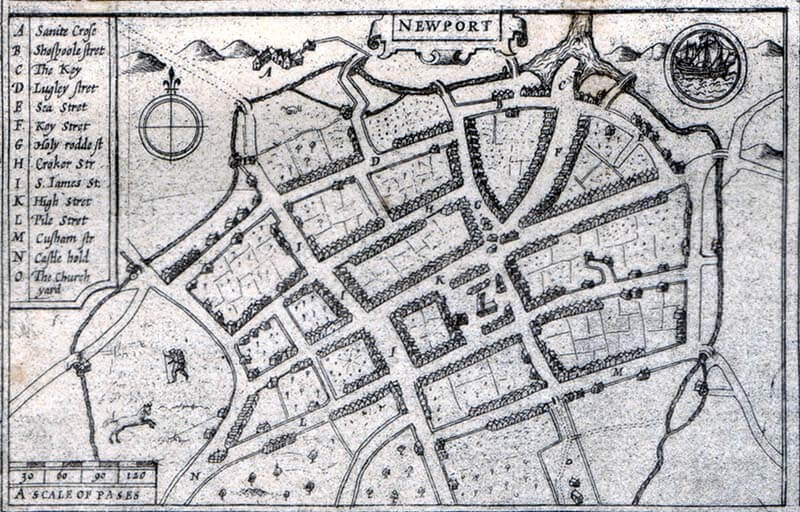 Photo image of a 1611 map of Newport town.