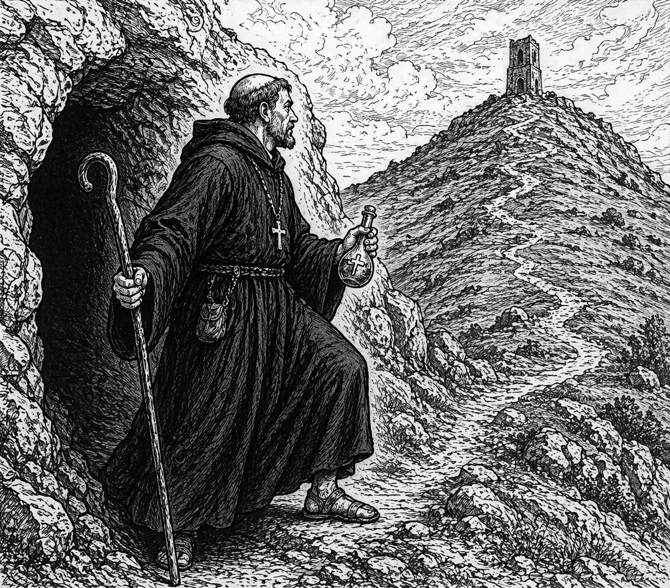 Illustration of an early Christian monk, St Collen, who according to legend exorcised Gwynn, the God of the Underworld