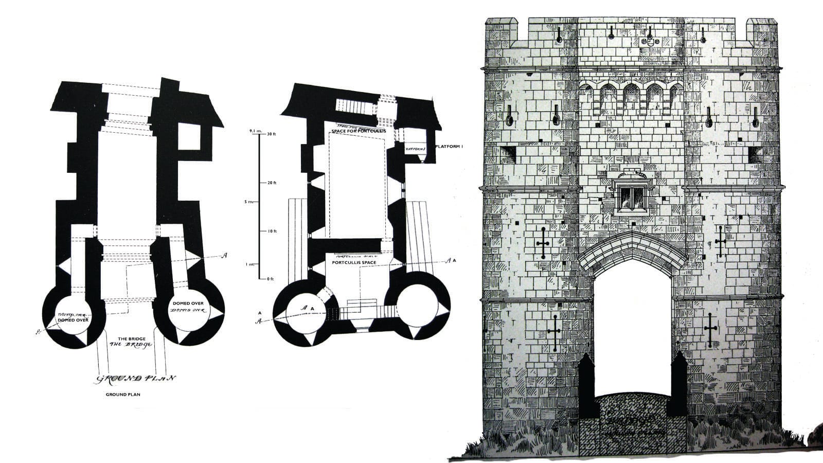 Plan diagram illustration of Carisbrooke Castle gatehouse, from Architectural Antiquities of the Isle of Wight. Stone