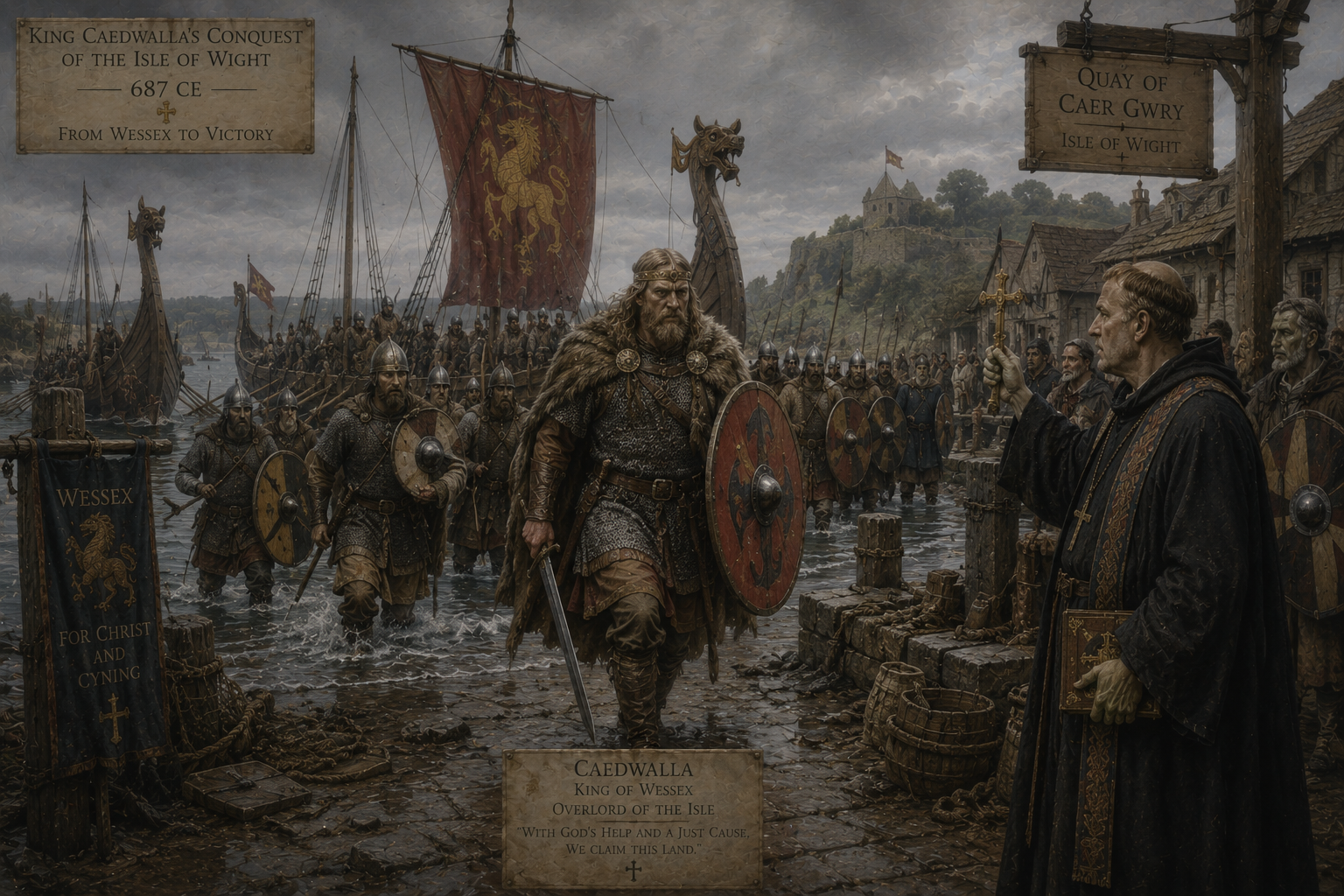 AI generated illustration of King Caedwalla arriving on the Isle of Wight CE 687