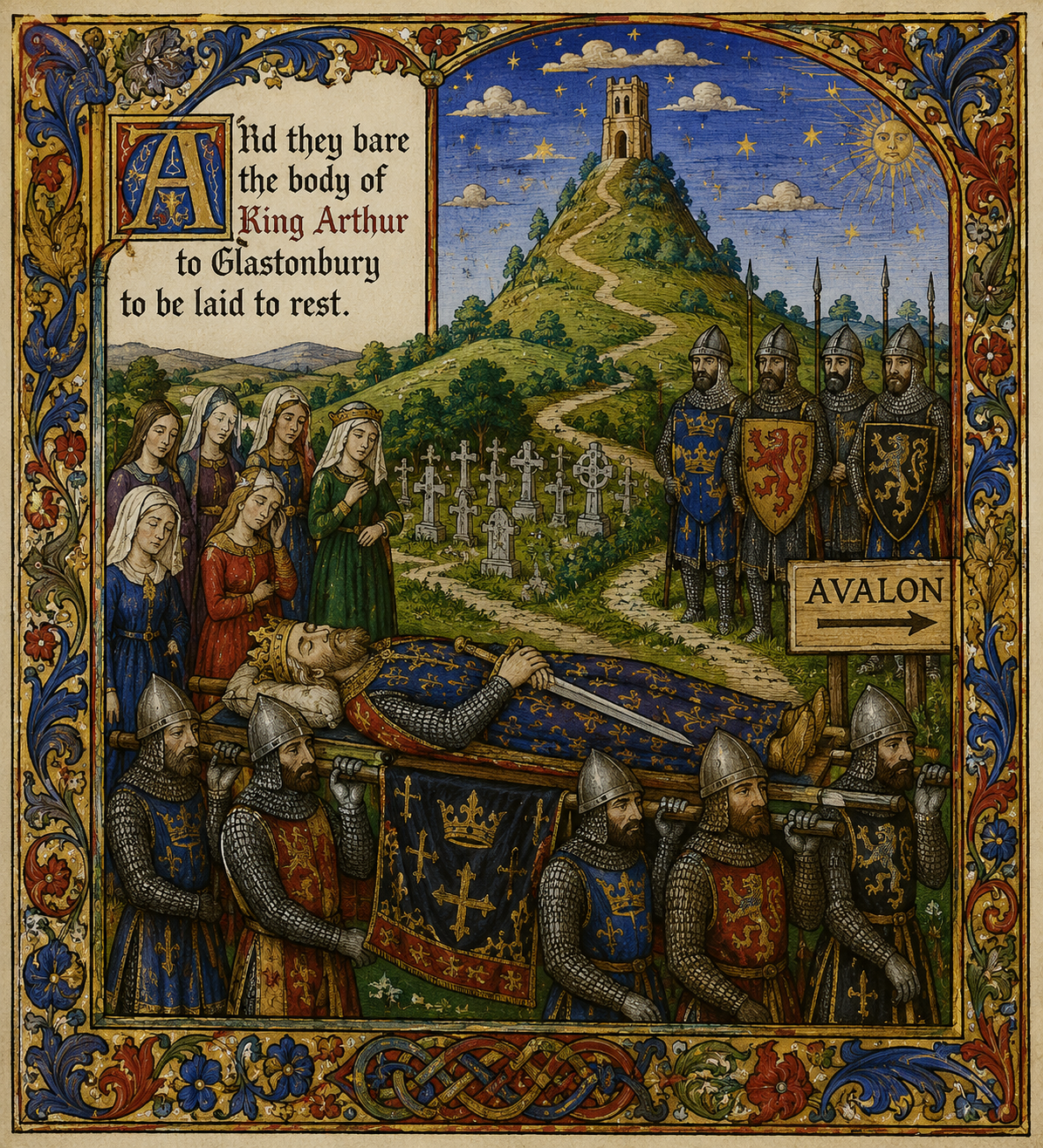 Illustration in medieval manuscript style of the burial of King Arthur in Glastonbury
