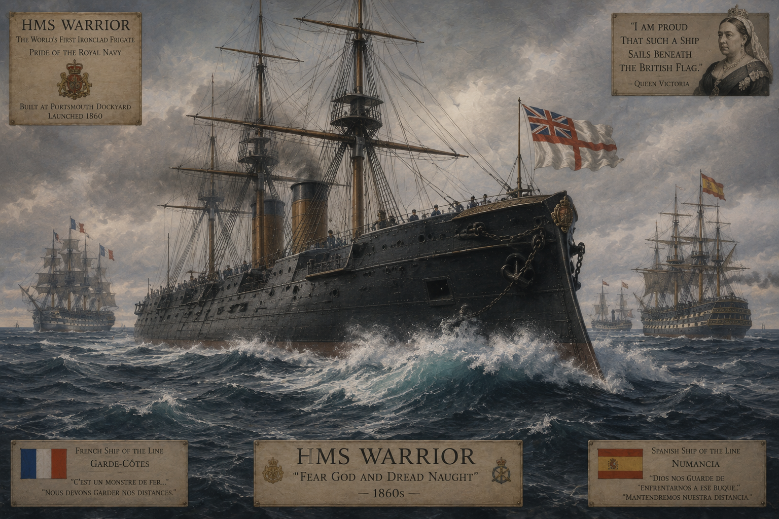 Illustration of HMS Warrior of the British navy, 1860, out at sea