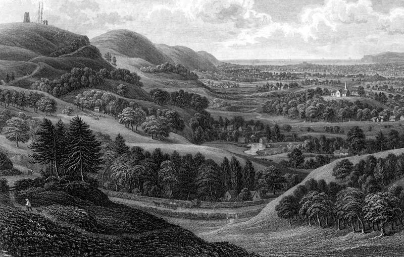 Illustration of Newchurch vale, featuring Knighton Gorges House, circa 1850.