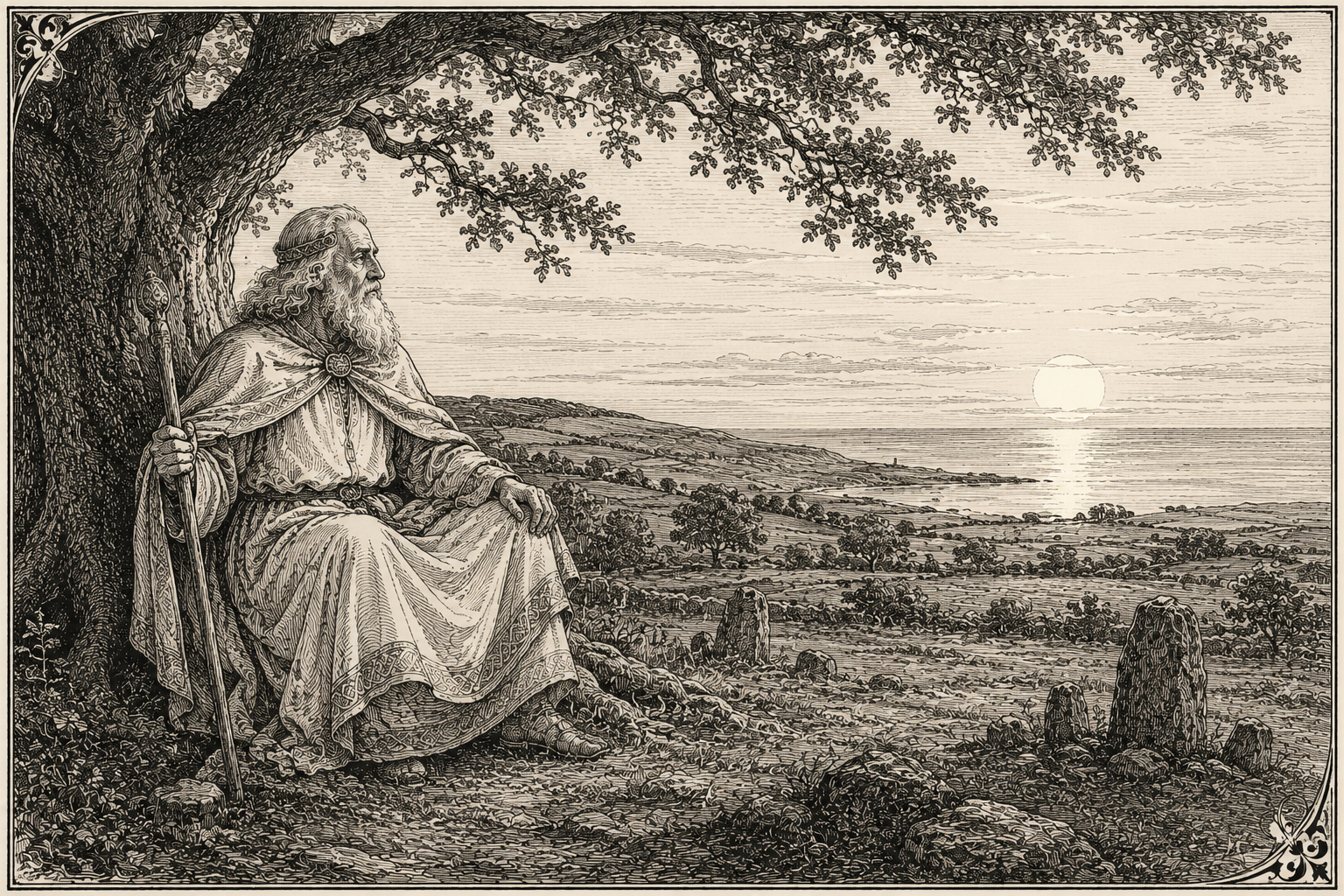 AI generated image of a druid meditating on sunset