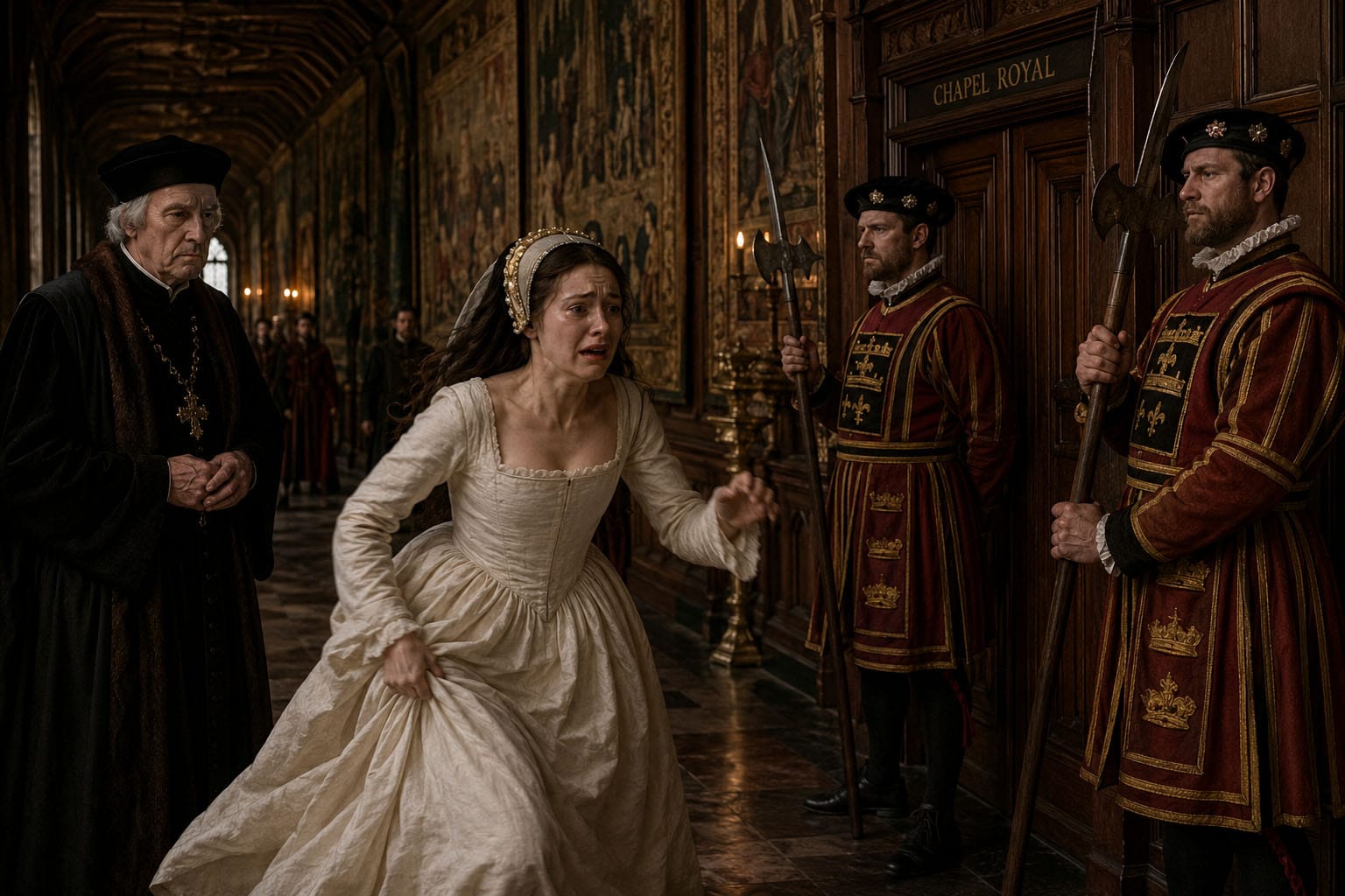 The Flight of Catherine Howard. Queen Catherine Howard is barred entry to the Chapel Royal, following Archbishop Thomas Cranmer's helpful advice to King Henry VIII that her adultery "could be presumed".
