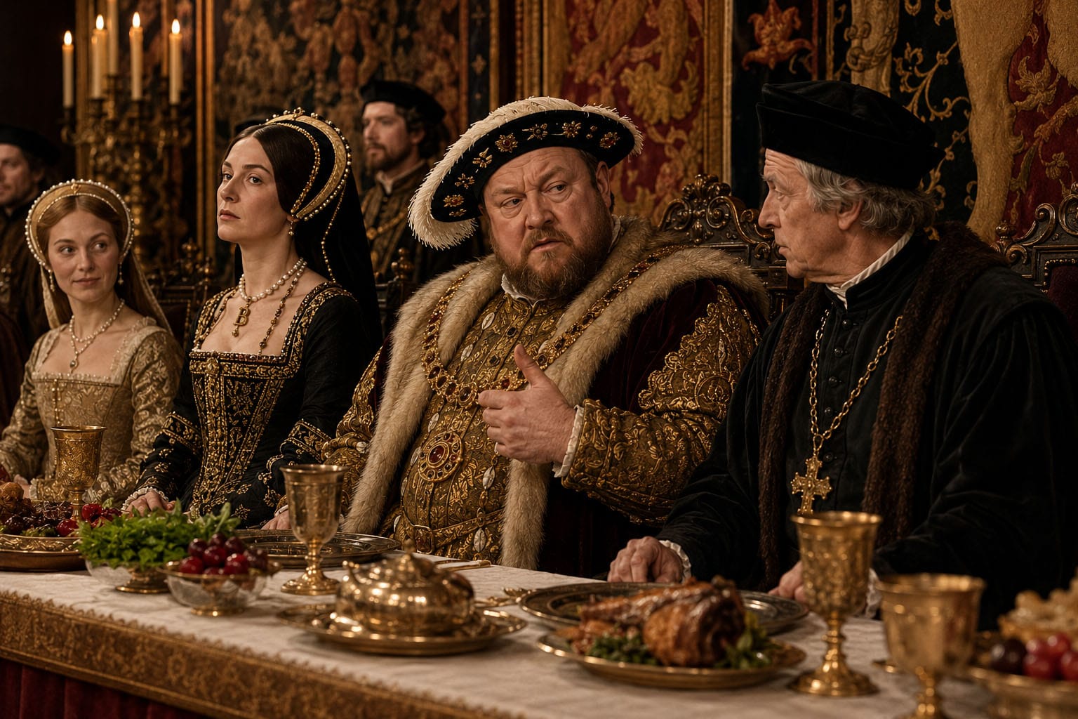 The Fall of Anne Boleyn. AI generated image of Henry VIII explaining the importance of timing to Archbishop Thomas Cranmer, Queen Anne Boleyn and Jane Seymour