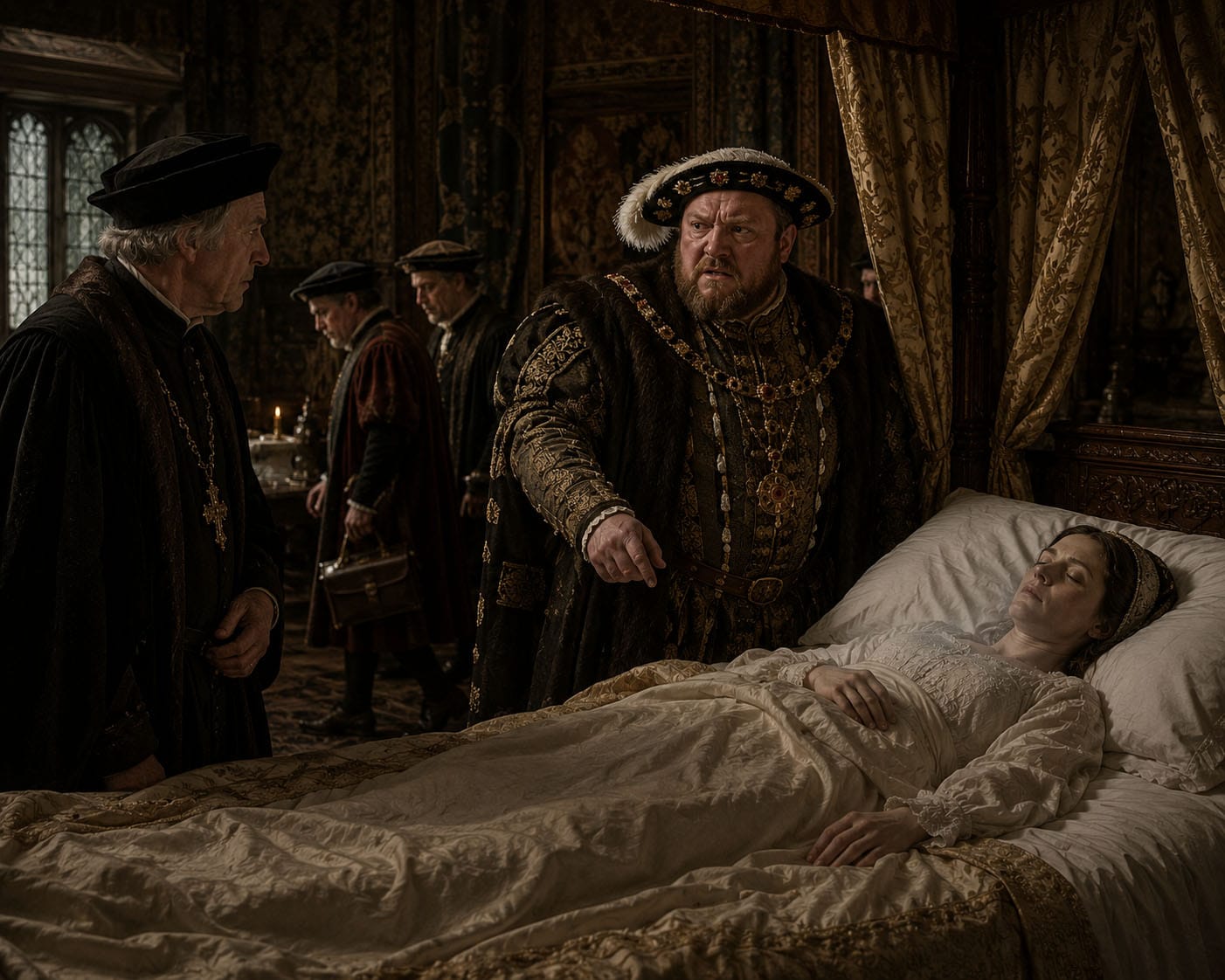 Henry asks Archbishop Thomas Cranmer why? AI generated image of the passing of queen Jane Seymour. October 24th 1537