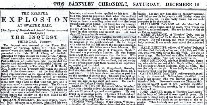Newspaper report of inquest into Swaithe Colliery Disaster, Barnsley Chronicle December 18th 1875