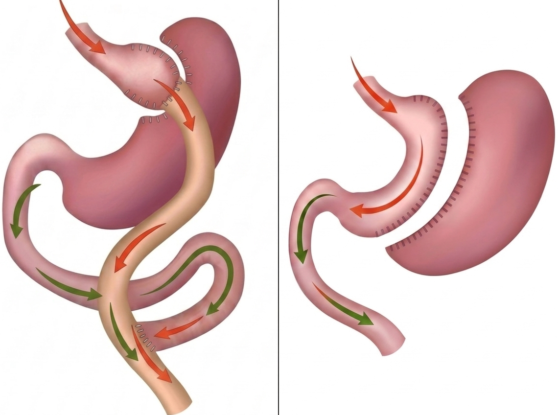 Commonly performed bariatric surgeries include Roux-en-Y gastric bypass (left) and sleeve gastrectomy (right).