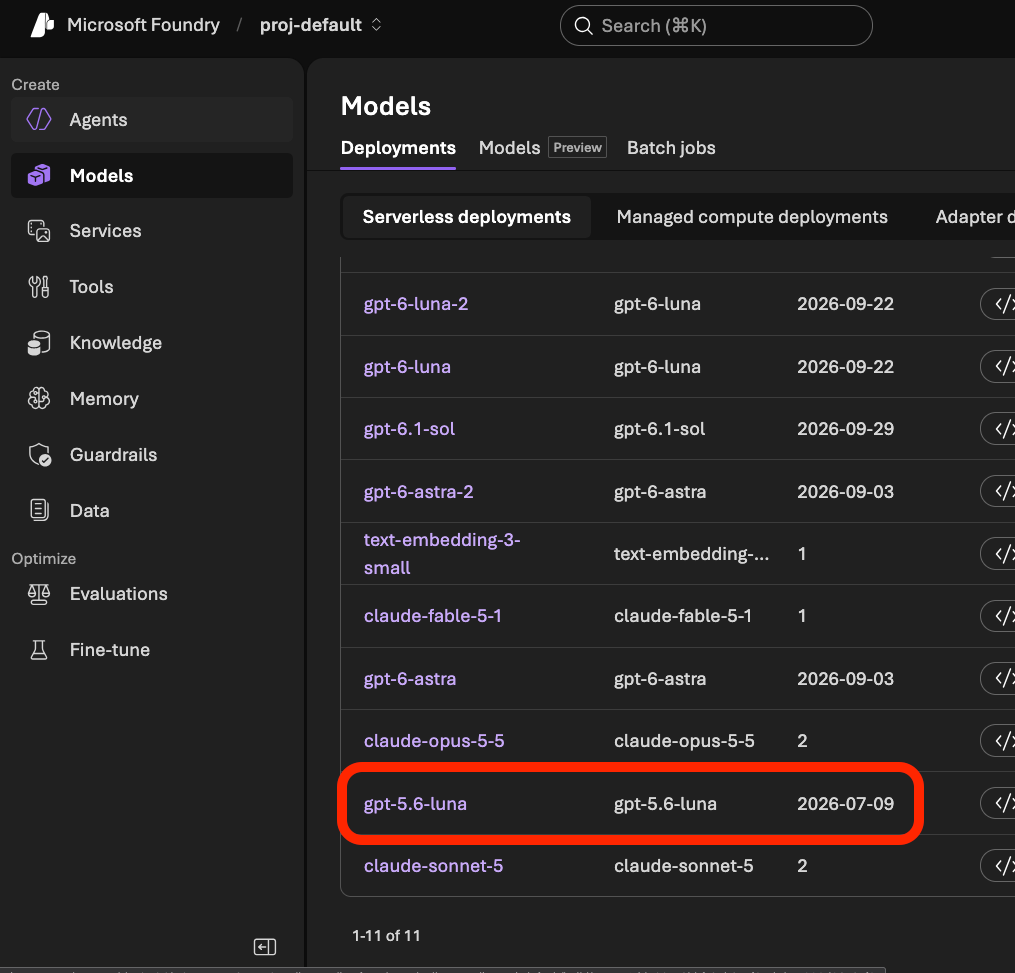 Lista de deployments no Microsoft Foundry com o gpt-5.6-luna na versão 2026-07-09 em destaque