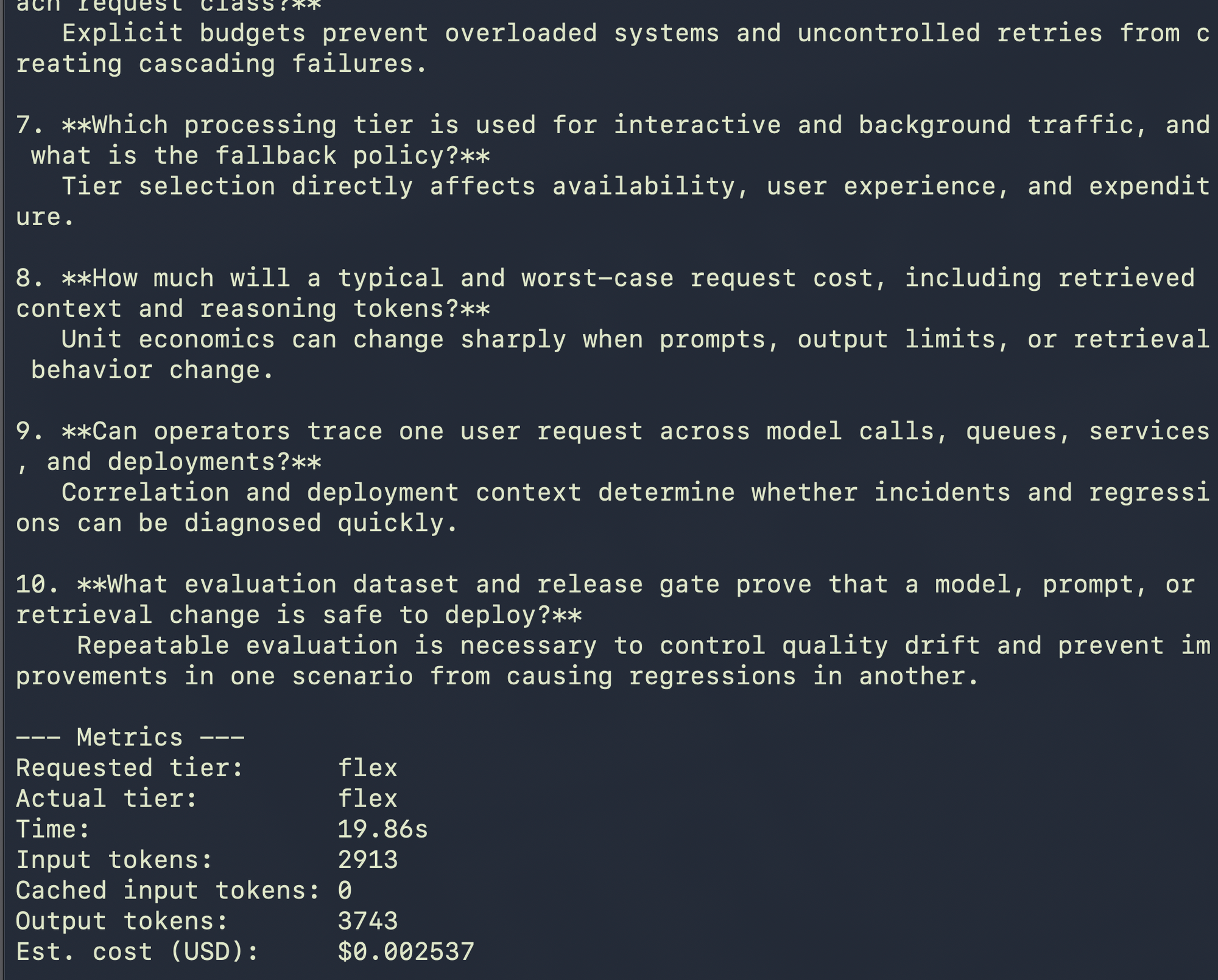 Terminal com as métricas da opção Run with Flex, mostrando Actual tier igual a flex