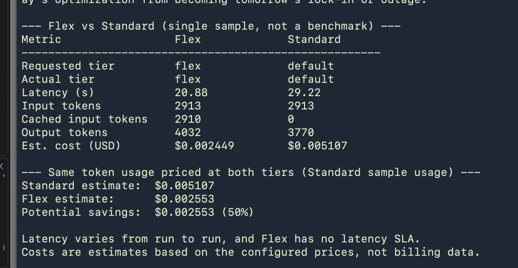 Terminal com a comparação Flex vs Standard lado a lado e o bloco de potential savings