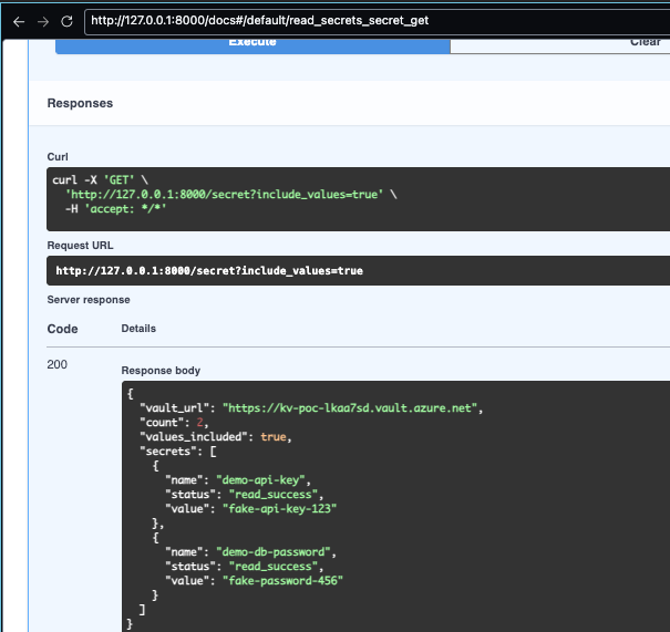 Swagger local em 127.0.0.1:8000/docs com GET /secret?include_values=true retornando 200 e os valores fictícios
